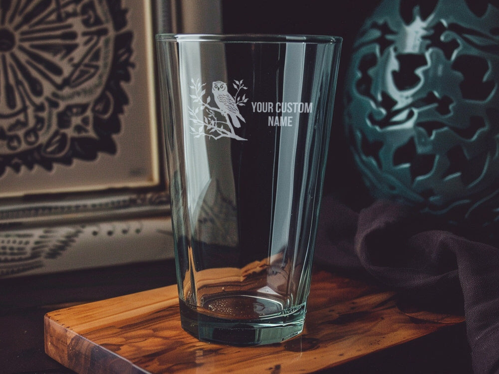 Owl Engraved Pint Glass: Personalized Beer Glass, Barware Gift