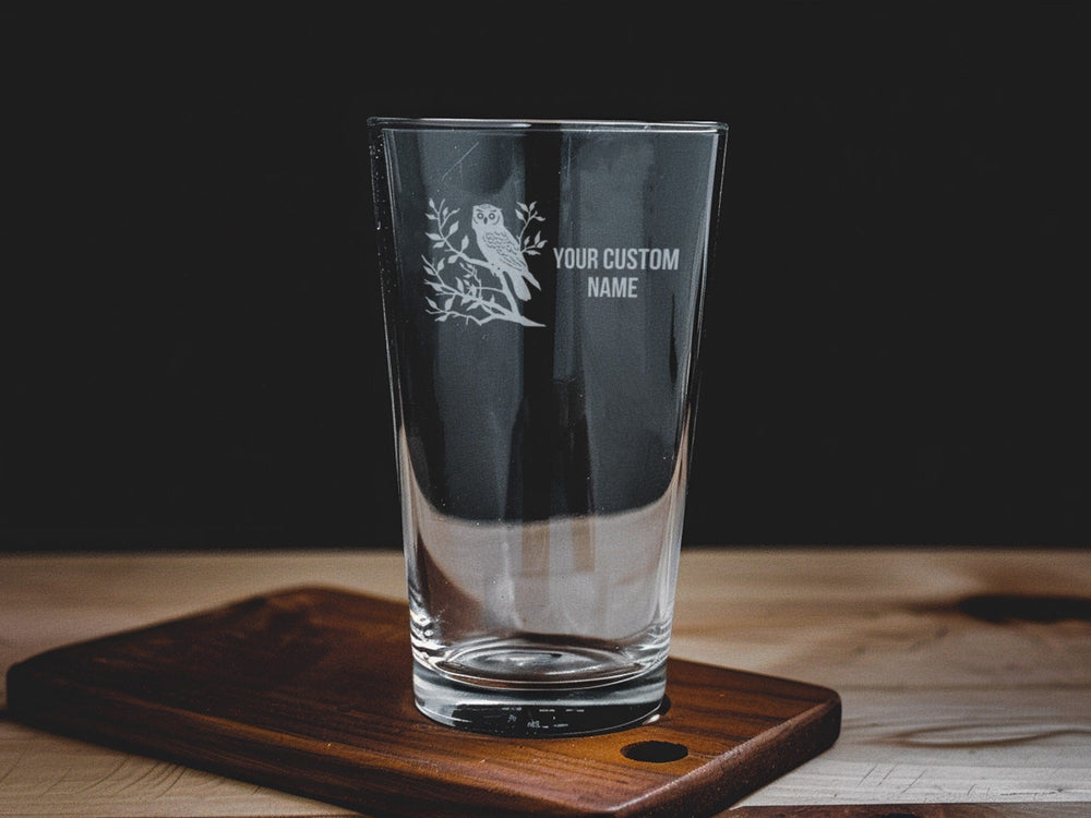 Owl Engraved Pint Glass: Personalized Beer Glass, Barware Gift