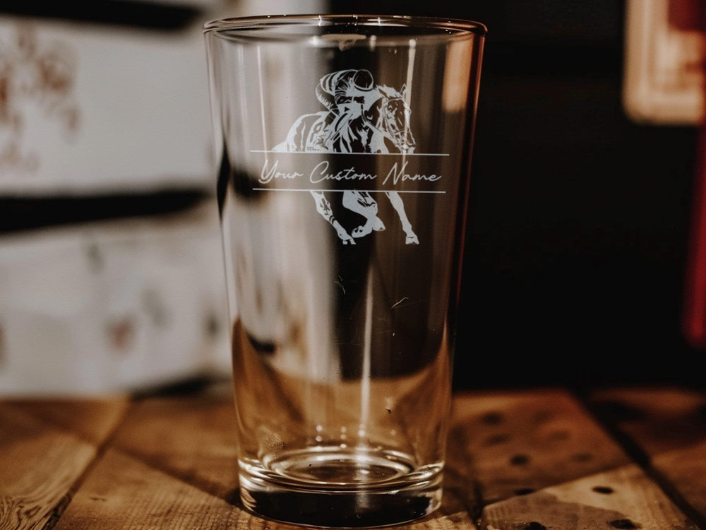 Personalized Horse Racing Pint Glass: Kentucky Derby Equestrian Gift