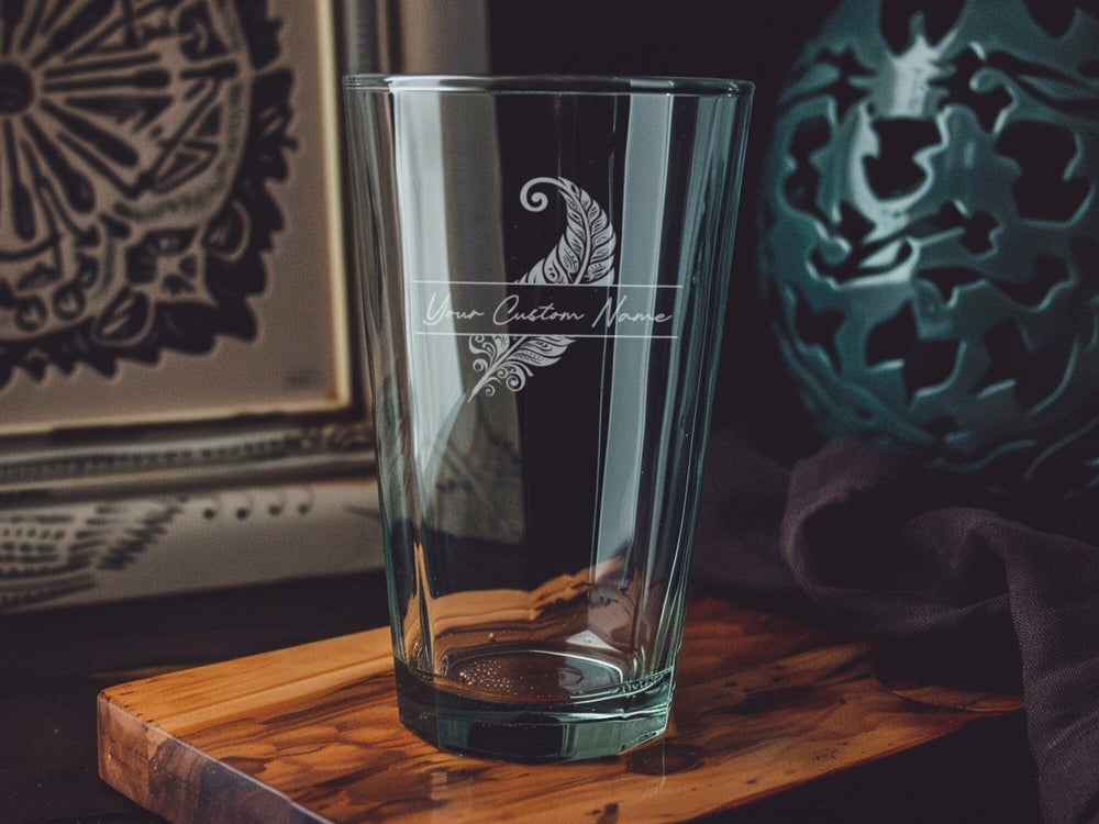 Feather Design Pint Beer Glass: Personalized Barware Gift