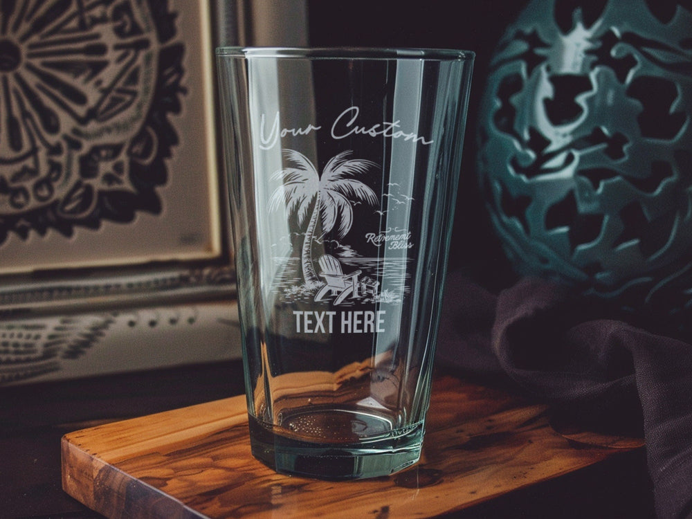 Retirement Bliss Pint Glass, Beach Scene, Palm Tree, Beer Lover Gift, Home Bar Essential