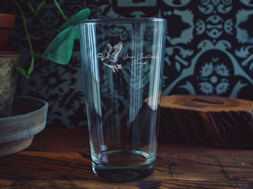 Duck In Flight Pint Glass: Personalized Beer Glass, Wildlife Decor