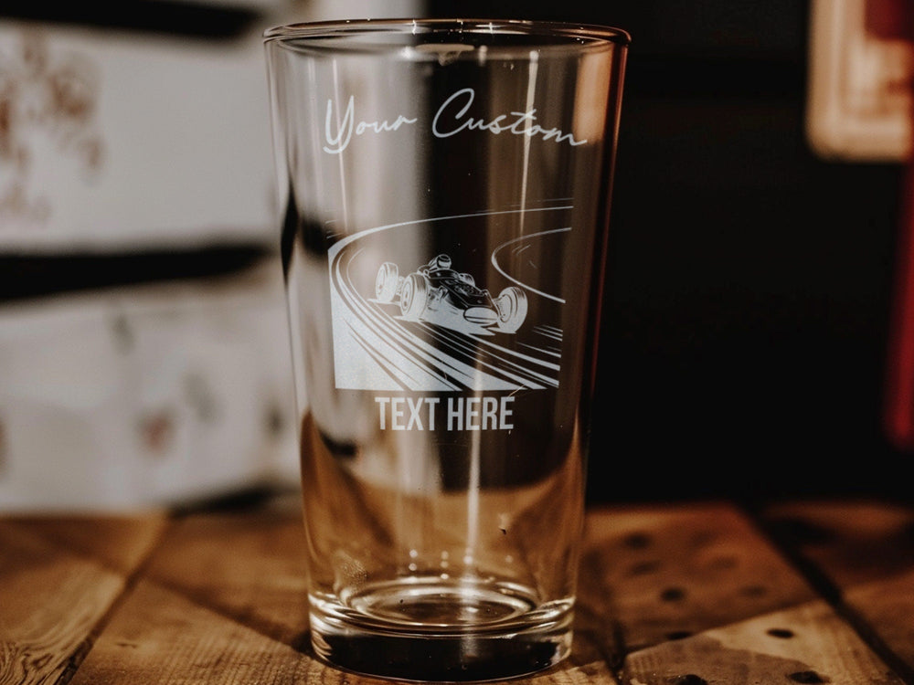 Pint Beer Glass, Racing Car Design, Speed Track Theme, Barware Collectible, Gift for Racers