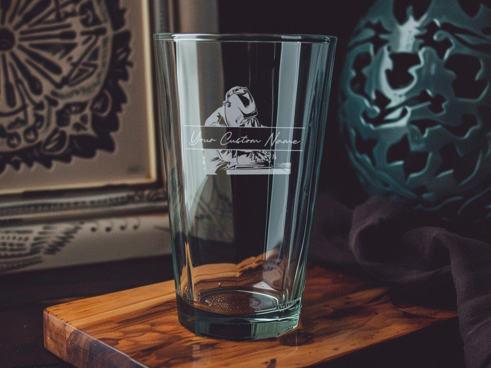 Custom Artwork Pint Glass, Welder Design, Beer Lover Gift, Unique Barware, Collectible Glassware