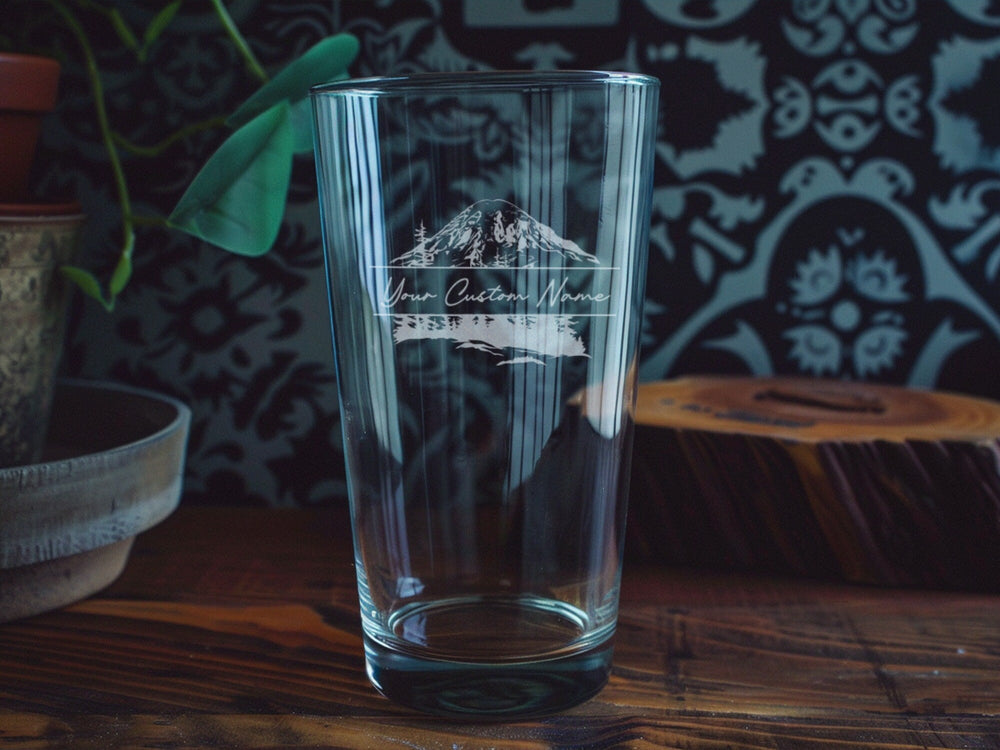 Mount Rainier Pint Glass: Engraved Washington Souvenir, Home Bar Decor
