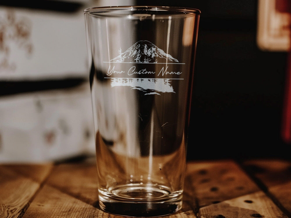 Mount Rainier Pint Glass: Engraved Washington Souvenir, Home Bar Decor