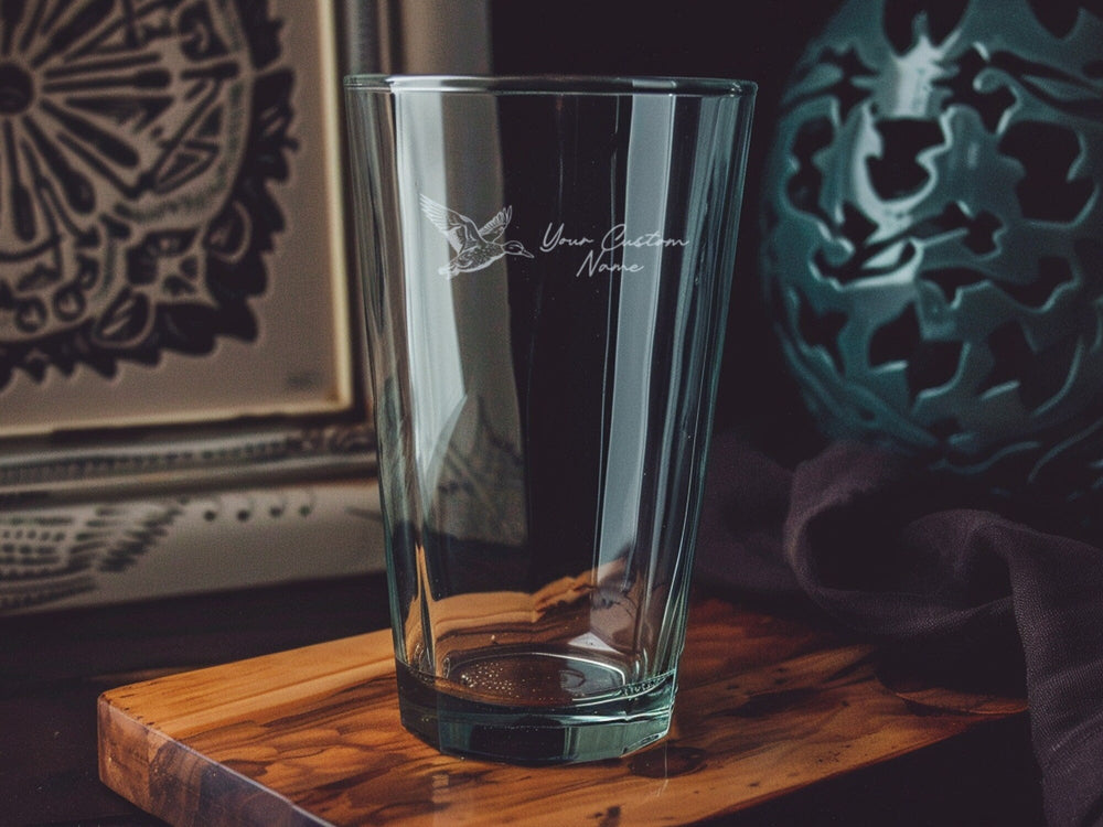Mallard Flying Pint Beer Glass: Personalized Wildlife Barware