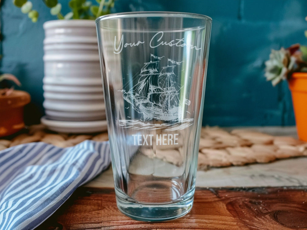 Personalized Pirate Ship Pint Glass: Engraved Nautical Beer Gift