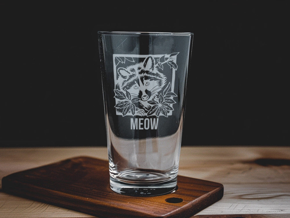 Raccoon Pint Glass, Peeking Raccoon, Leaf Design, Beer Lover Gift, Unique Barware