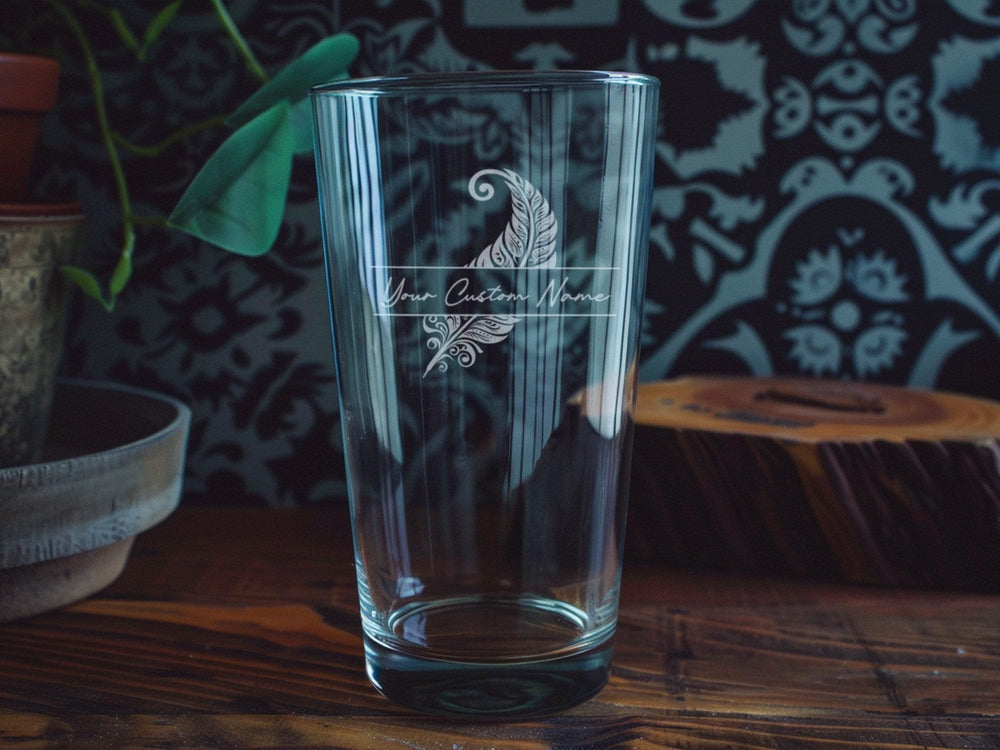 Feather Design Pint Beer Glass: Personalized Barware Gift