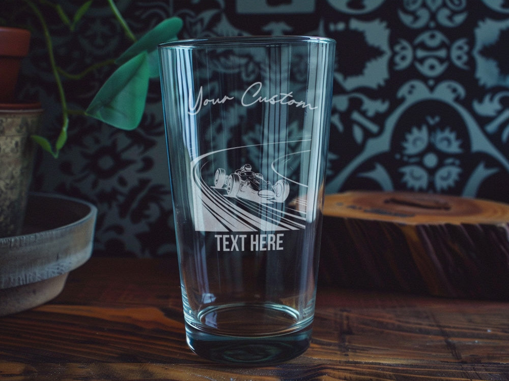 Pint Beer Glass, Racing Car Design, Speed Track Theme, Barware Collectible, Gift for Racers