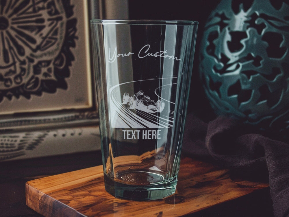 Pint Beer Glass, Racing Car Design, Speed Track Theme, Barware Collectible, Gift for Racers