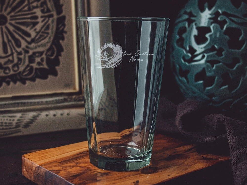 Surfing Pint Glass, Big Wave Design, Ocean Wave Beer Cup, Surfer Gift, Unique Drinkware