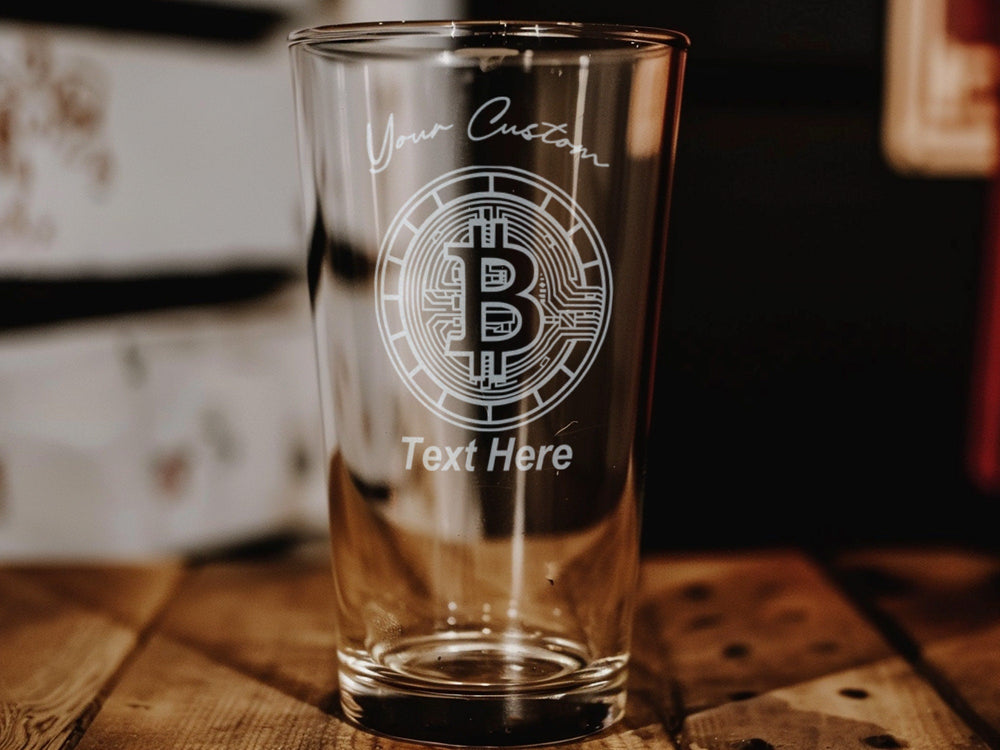 Personalized Bitcoin Pint Glass: Laser Engraved Crypto Beer Cup