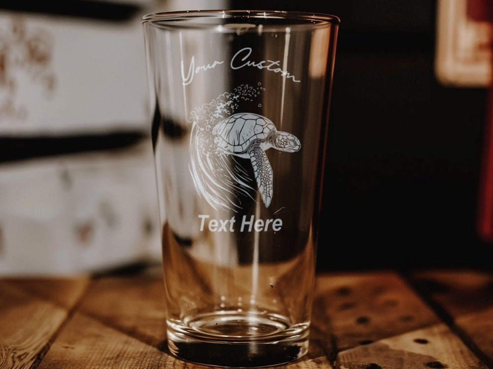 Sea Turtle Pint Glass, Ocean Waves Design, Nautical Drinkware, Marine Life Theme