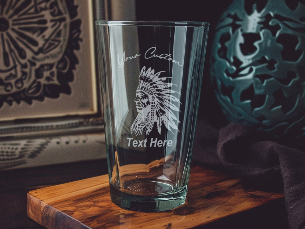 Native American Pint Glass: Tribal Art Engraved Drinkware