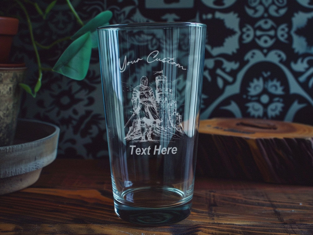 Engraved Medieval Knight Pint Glass: Personalized Castle Beer Mug