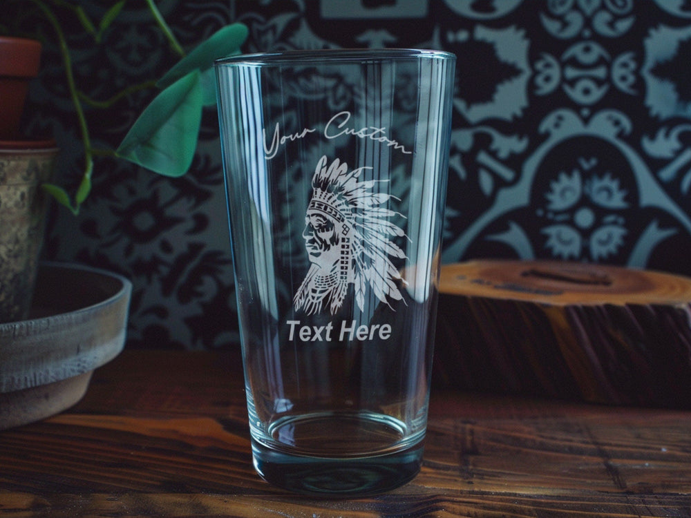 Native American Pint Glass: Tribal Art Engraved Drinkware