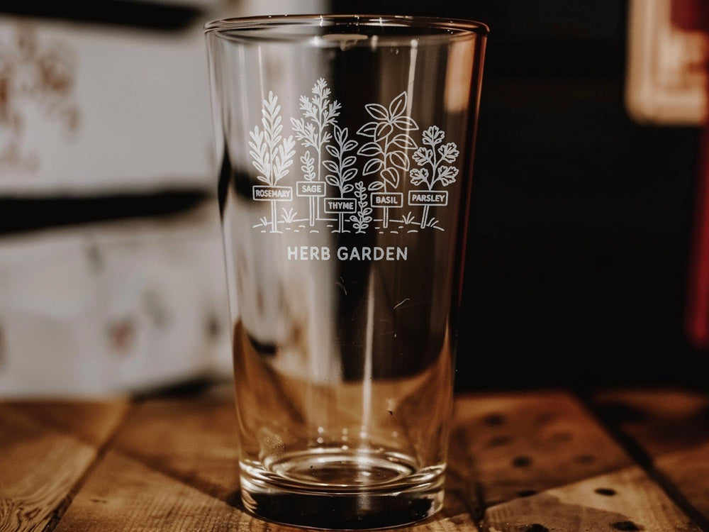 Herb Garden Pint Glass: Rosemary, Basil, Thyme & Sage Illustration