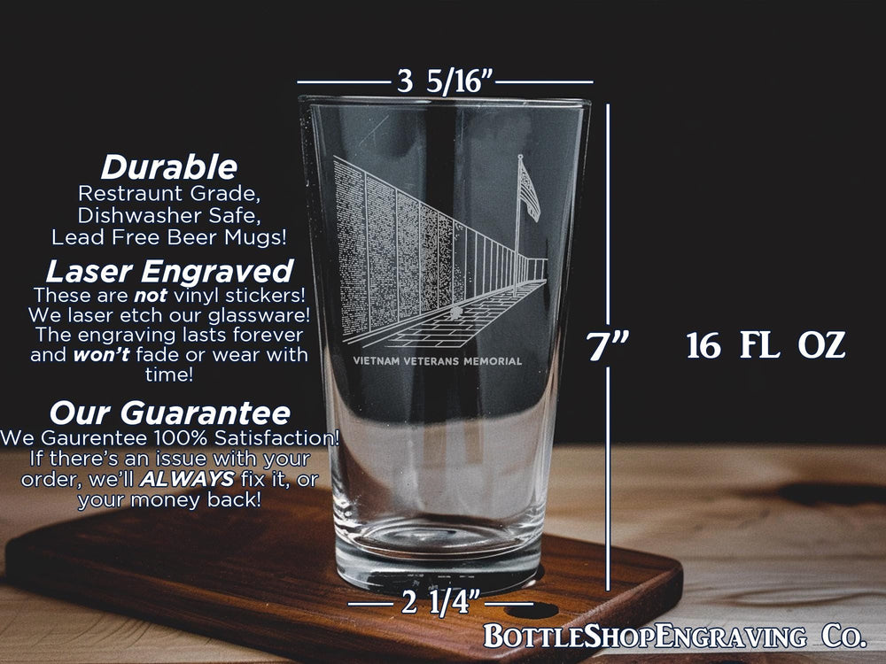 Vietnam Veterans Memorial Pint Glass – Commemorative Design Featuring The Wall and Soldier Tribute Scene