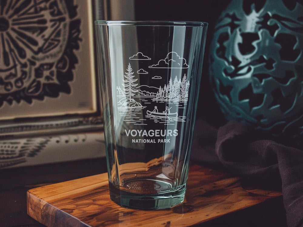 Voyageurs National Park Pint Glass – Scenic Lake Views, Forest Landscape, Canoe and Wildlife Design