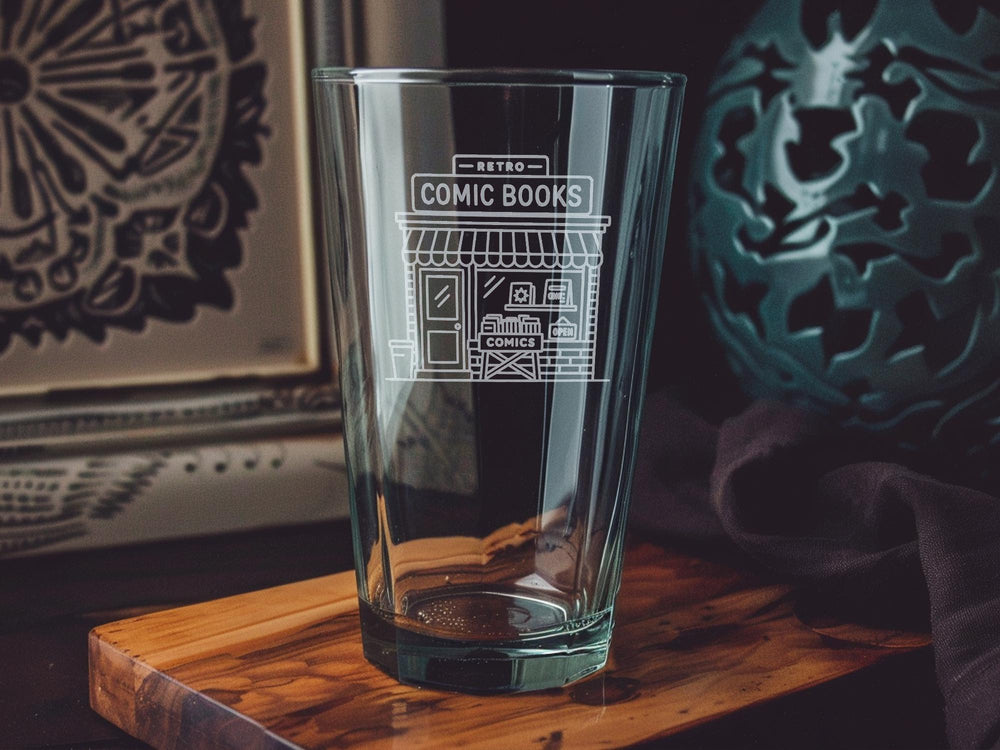 Retro Comic Book Shop Pint Glass: Nostalgic Beer Gift