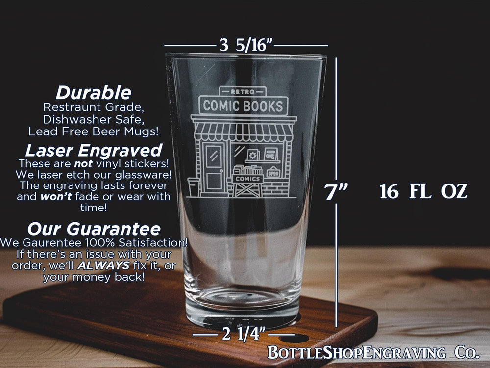 Retro Comic Book Shop Pint Glass: Nostalgic Beer Gift