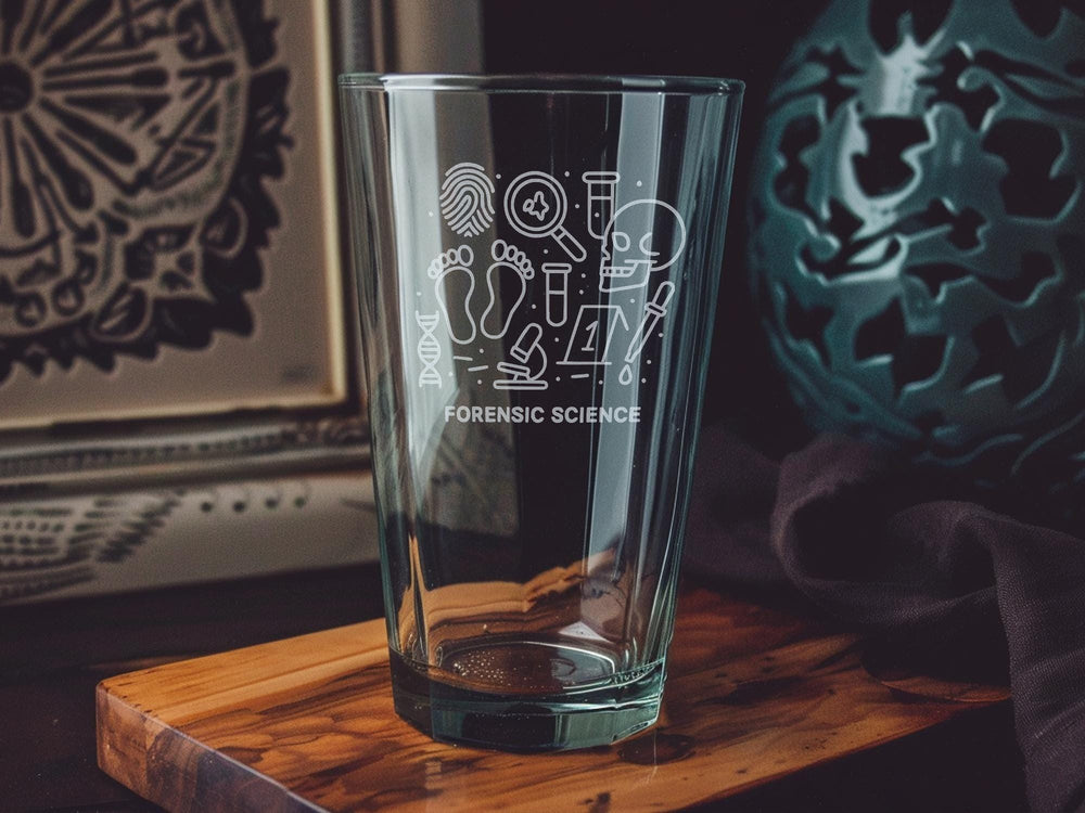 Forensic Science Pint Glass: Crime Scene Icons, CSI Detective Gift