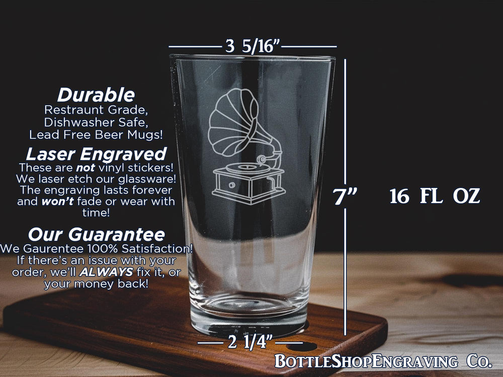 Gramophone Pint Glass: Vintage Phonograph Design, Music Lover Barware