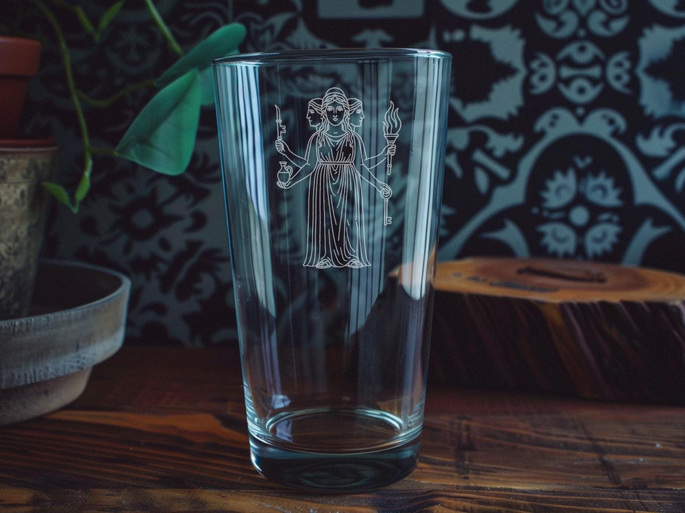 Greek Goddess Hecate Pint Glass: Mythology Drinkware with Serpent Symbols