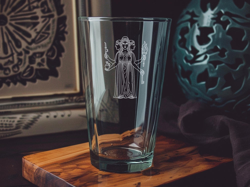 Greek Goddess Hecate Pint Glass: Mythology Drinkware with Serpent Symbols