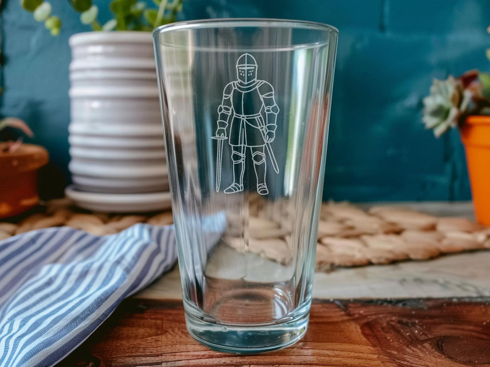 Engraved Medieval Knight Pint Glass: Heroic Warrior Beer Gift
