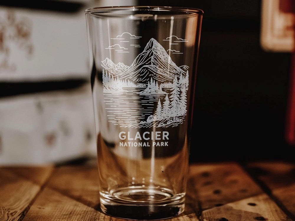 Glacier National Park Pint Glass – Scenic Mountain Landscape, Forest, and Wildlife Souvenir Drinkware