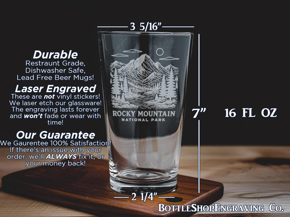 Rocky Mountain National Park Pint Glass: Colorado Souvenir Beer Glass
