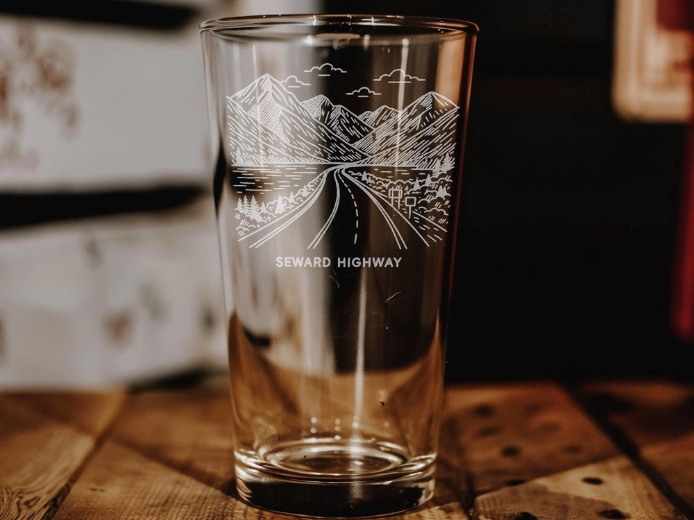 Seward Highway Scenic Alaska Pint Glass – Mountain Road Landscape Souvenir Drinkware Gift