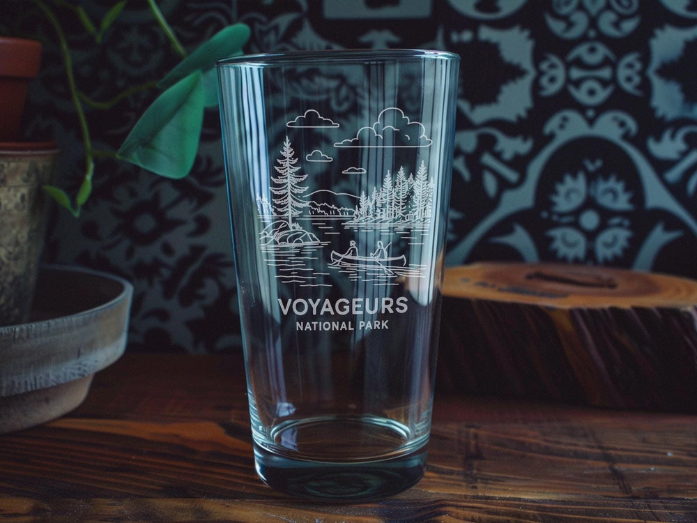 Voyageurs National Park Pint Glass – Scenic Lake Views, Forest Landscape, Canoe and Wildlife Design