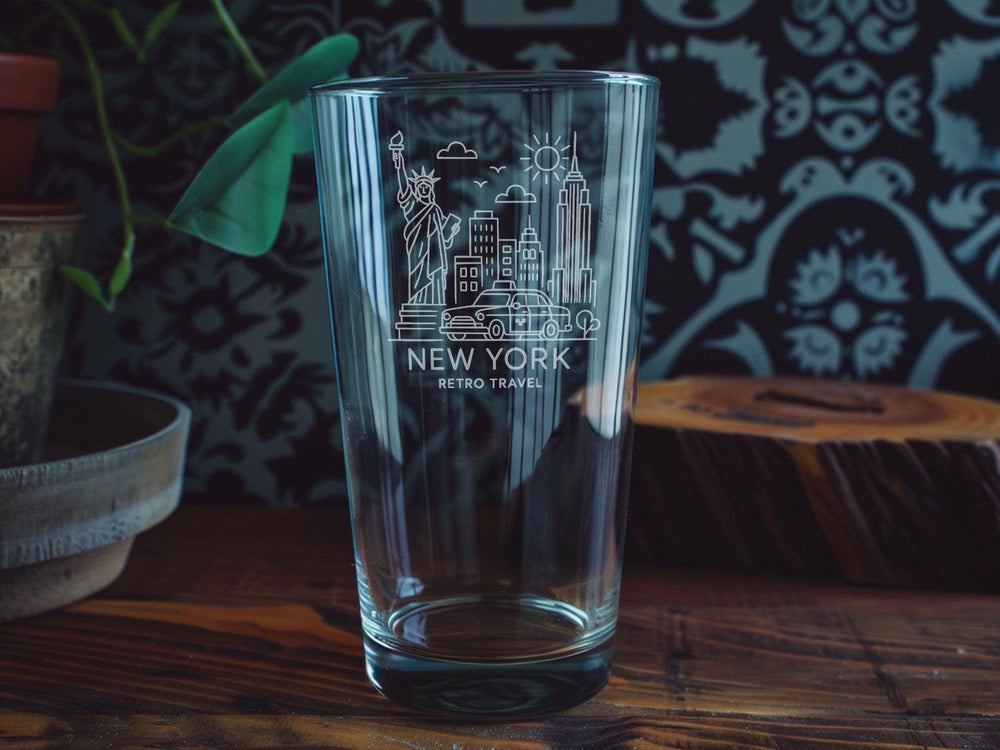 Retro NYC Landmarks Pint Glass: New York Souvenir Drinkware