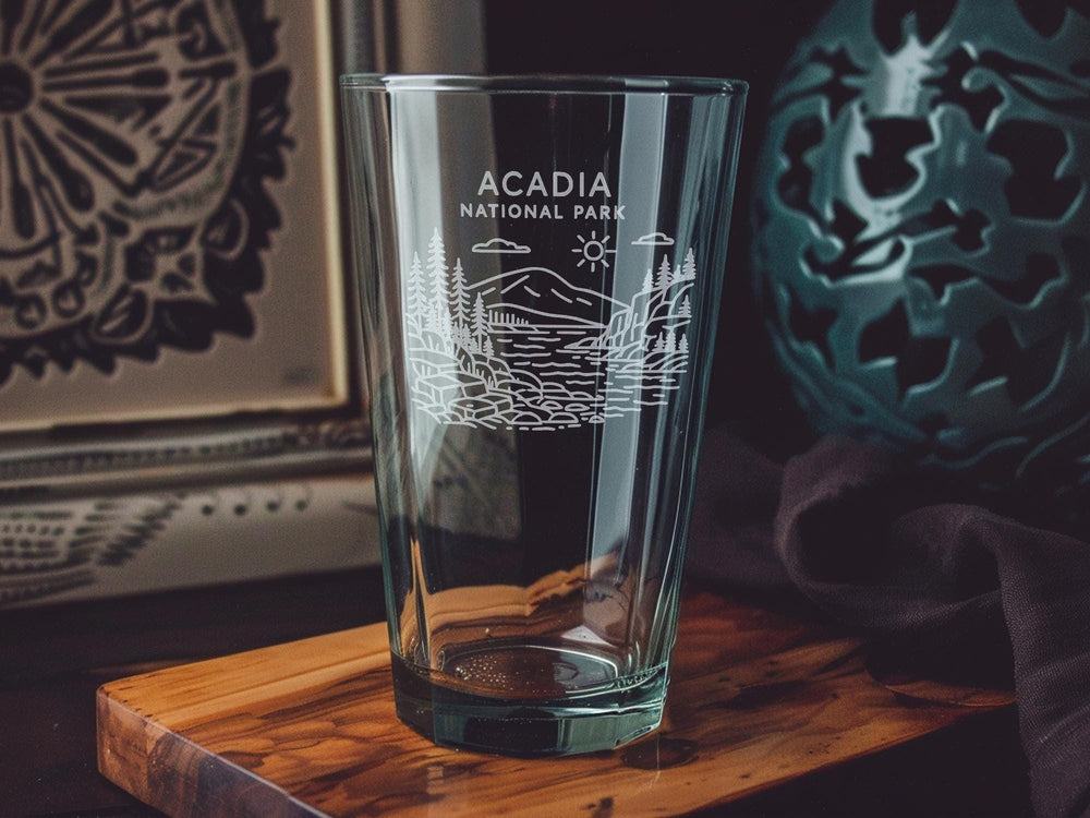 Acadia National Park Pint Glass – Scenic Mountains, Pine Trees & Coastline Design – Nature Lover Gift