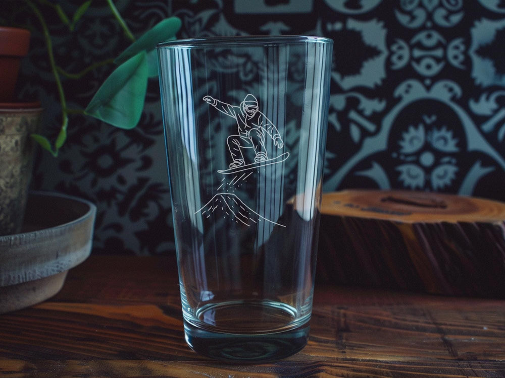 Snowboarder Pint Glass: Laser Engraved Winter Sports Gift