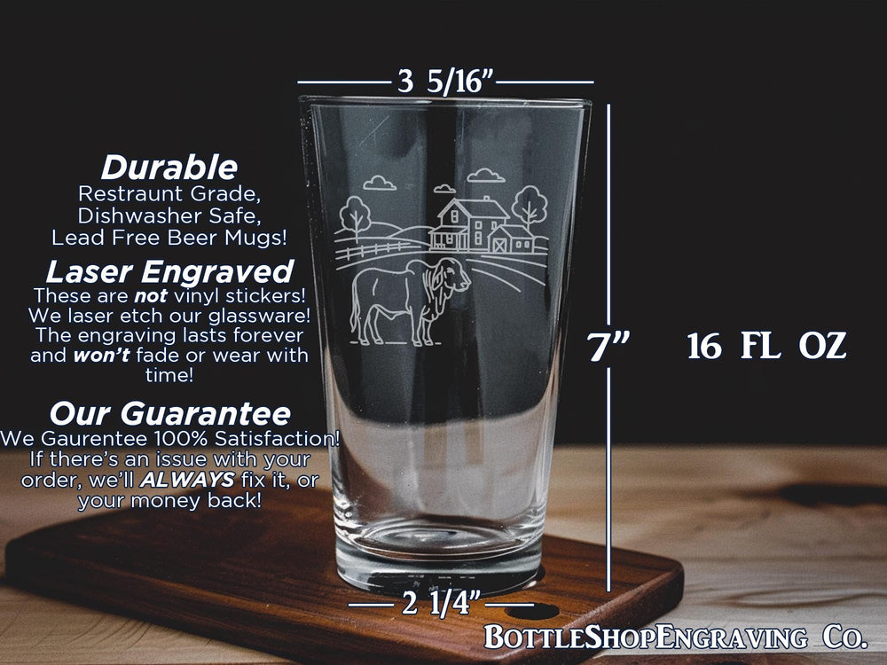 Brahman Cattle Farmhouse Scene Pint Glass – Rustic Ranch Livestock Design – Country Barnyard Decor Drinkware
