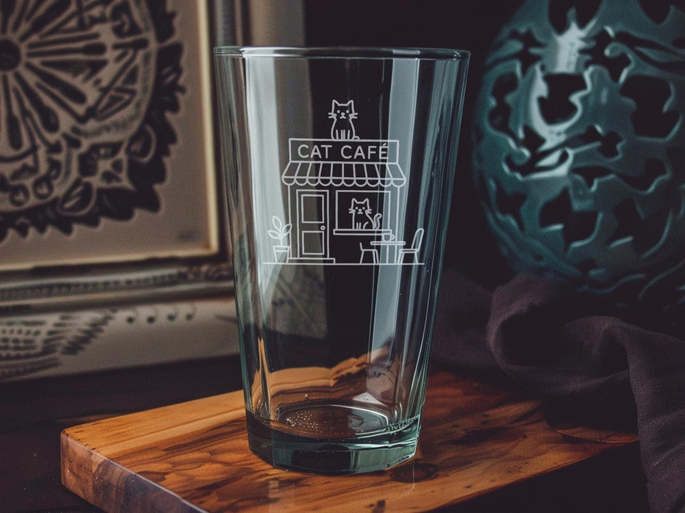 Cat Cafe Pint Glass: Playful Cats, Cozy Coffee Shop