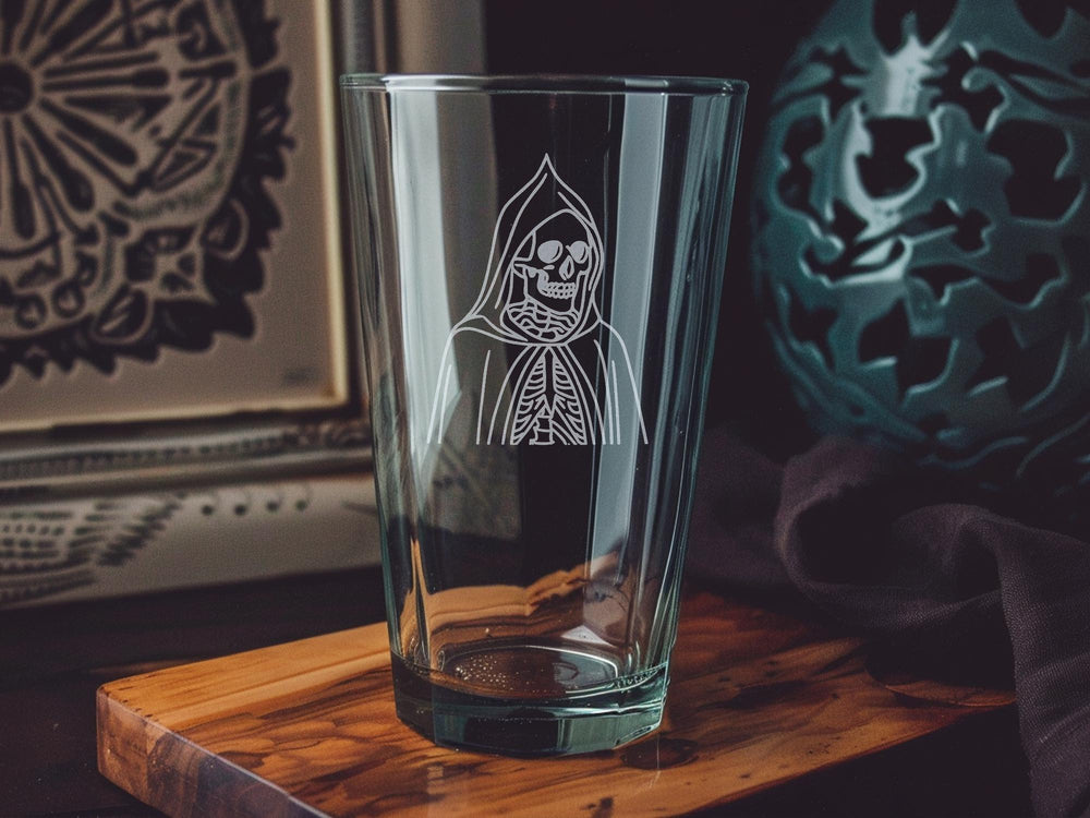 Gothic Skeleton Pint Glass: Laser Engraved Skull Barware