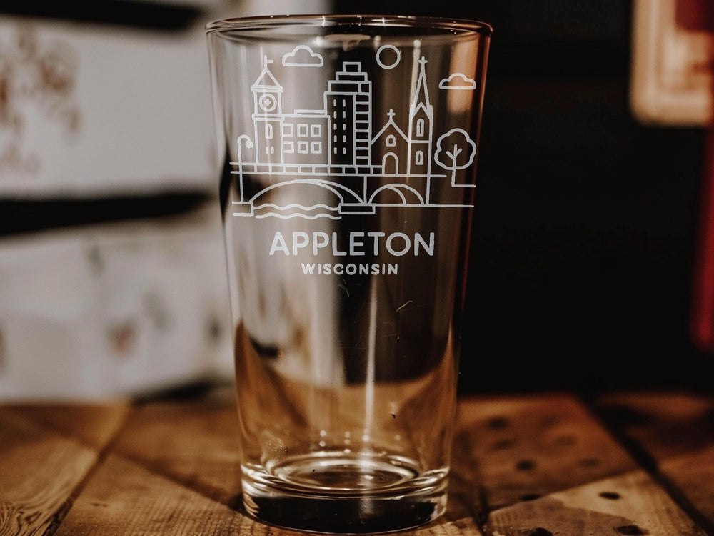 Appleton Wisconsin Pint Glass Featuring Downtown Skyline and Local Landmarks