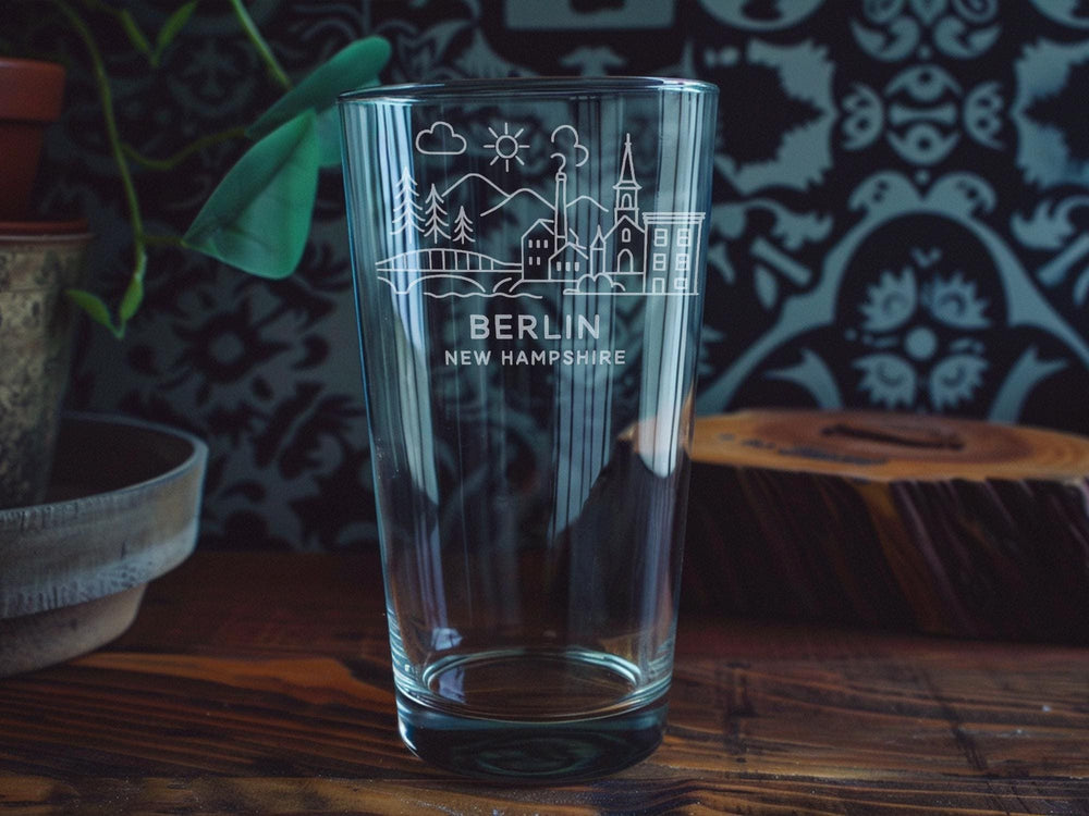 Berlin New Hampshire Pint Glass – Featuring Iconic Landmarks and Scenic Mountain Town Design
