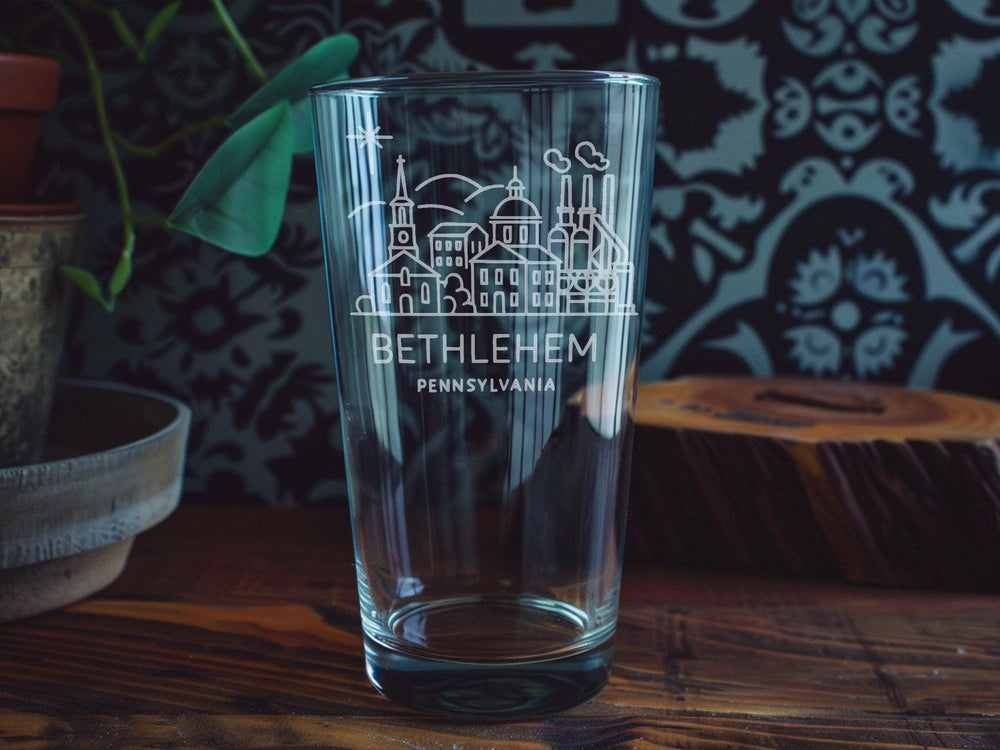 Bethlehem Pennsylvania Pint Glass – Historic SteelStacks, City Skyline, Lehigh Valley Landmark Souvenir Glassware