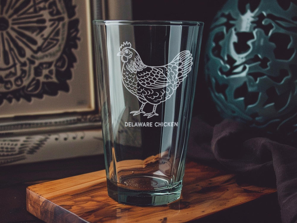 Delaware Chicken Pint Glass – Farm Animal Drinkware, Laser Engraved Hen Design