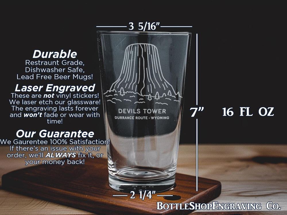 Devils Tower Durrance Route Wyoming Pint Glass | Iconic Climbing Route Souvenir | Wyoming Landmark Drinkware