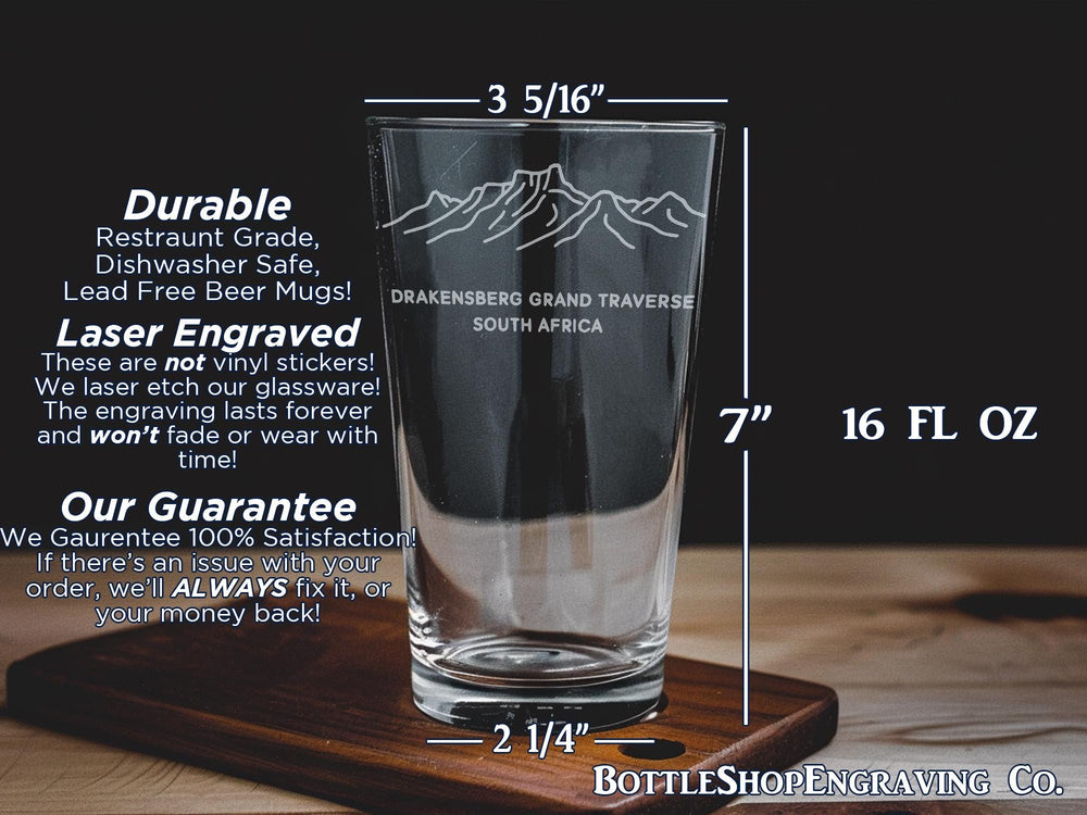 Drakensberg Grand Traverse South Africa Pint Glass – Mountain Range Hiking Trail Souvenir Beer Glass Gift
