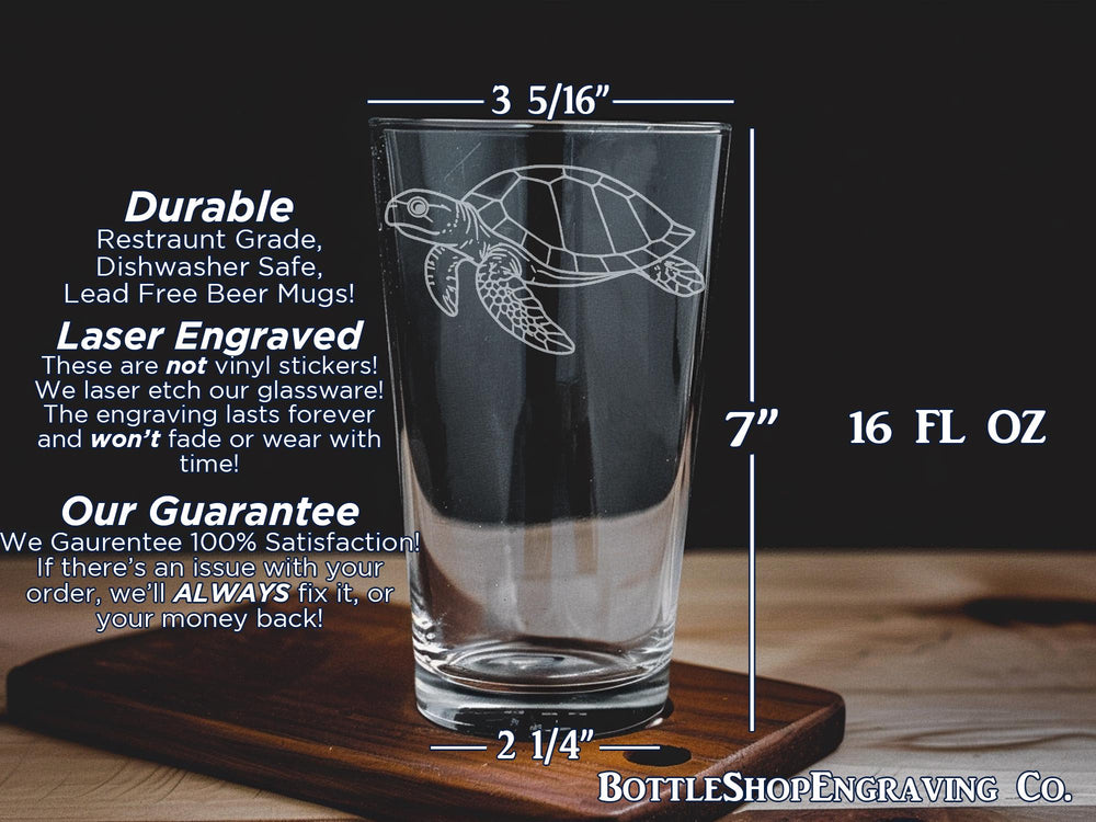 Kemps Ridley Sea Turtle Pint Glass – Ocean Wildlife Glassware – Marine Turtle Drinking Glass – Sea Life Gift for Turtle Lovers