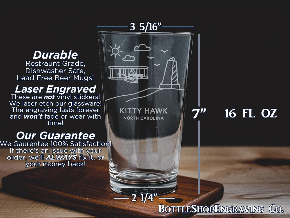 Kitty Hawk North Carolina Pint Glass with Outer Banks Beach Scene and Wright Brothers Airplane Design